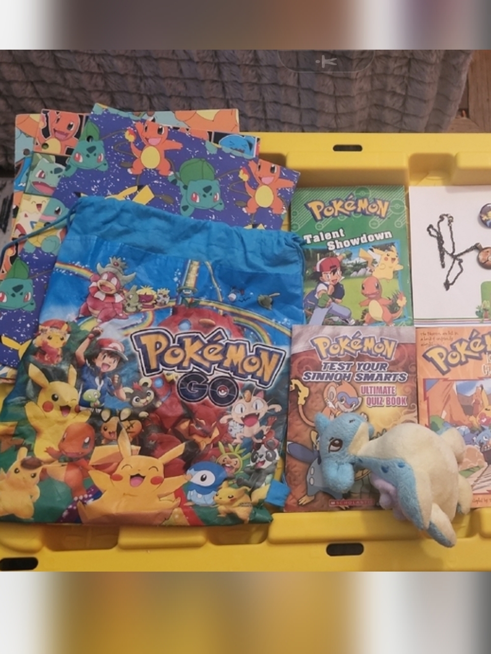 Pokémon themed collection of books, plush toys, and accessories